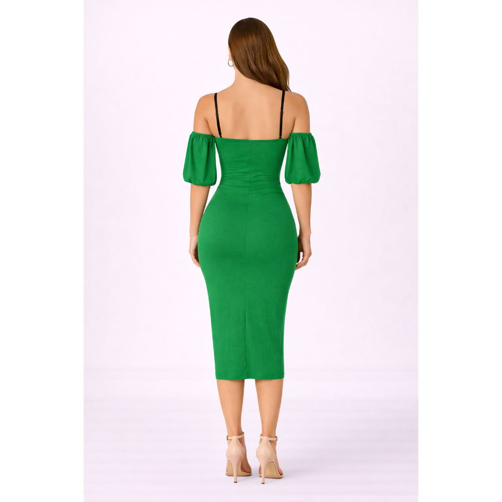 Emerald ColdbShoulder Midi Dress  Puff Sleeve Bodycon with Back Slit